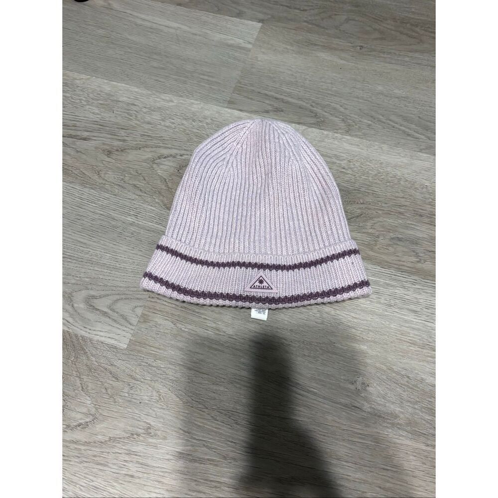 Athleta Daily Knit Beanie Ribbed Cuffed Light Purple Stripe Winter Hat